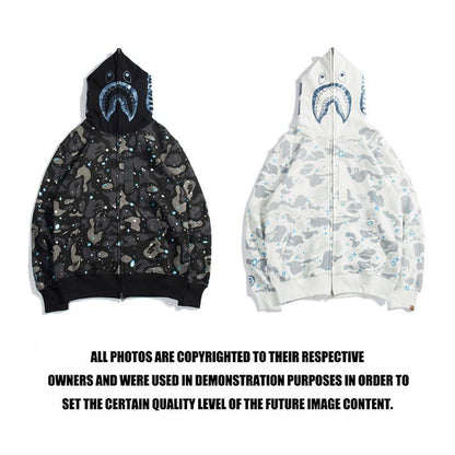 Bathing Ape Hoodie Starry Sky Sweater Black and White Starry Sky Blue Shark Hat Printed Casual Hooded Sweater