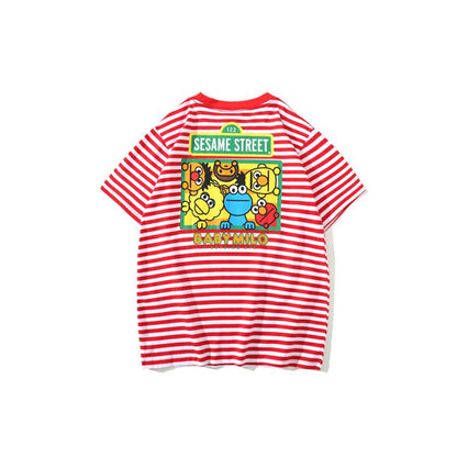 Bathing Ape T-Shirt Cartoon Round Neck Summer Printed Large Size Short Sleeve Casual Striped T-shirt
