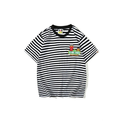 Bathing Ape T-Shirt Cartoon Round Neck Summer Printed Large Size Short Sleeve Casual Striped T-shirt