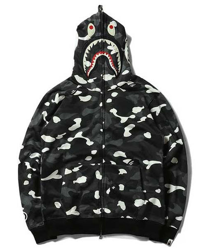 Bathing Ape Black and White Luminous Shark Coat High Quality Looped Fabric Hooded Shark Sweater